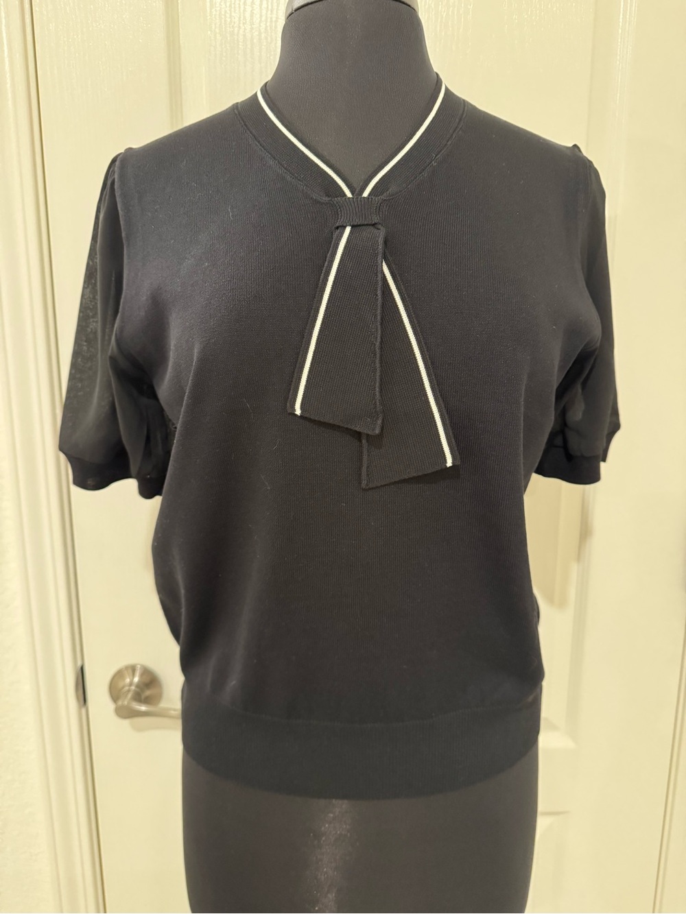 Black Tie-Neck Short Sleeve Top - Classic Knit